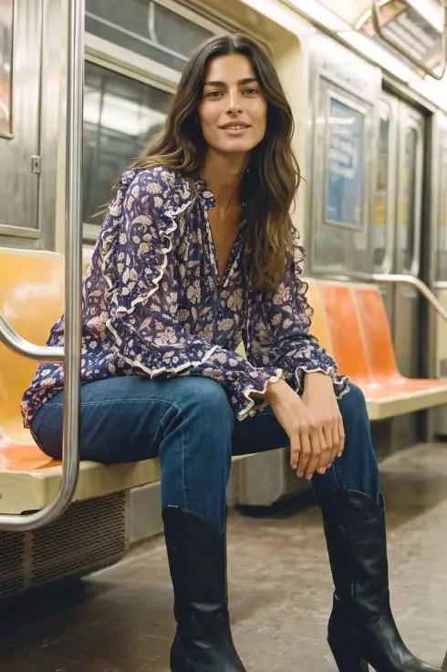 Blouse Romane bleu marine à imprimé floral et volants sur les manches, portée avec un jean et des bottes noires dans le métro de New York