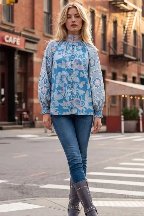 Chemise Amélie bohème bleue à imprimé floral rose et blanc, col montant et manches bouffantes, portée avec un jean et des bottines à New York