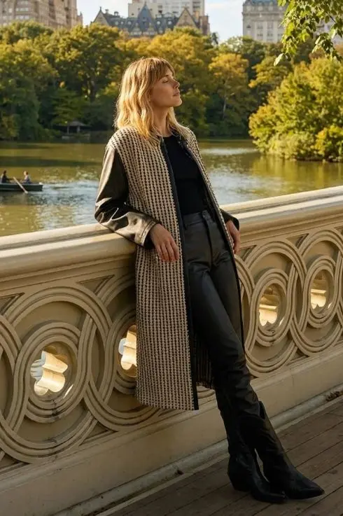 Manteau long bohème à motif pied-de-poule beige et manches en cuir noir, porté avec un pantalon en cuir et des bottes hautes à Central Park