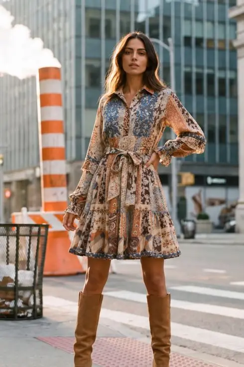 Robe courte bohème à imprimé patchwork bleu, camel et brun, ceinturée, portée avec des bottes camel dans une rue de New York