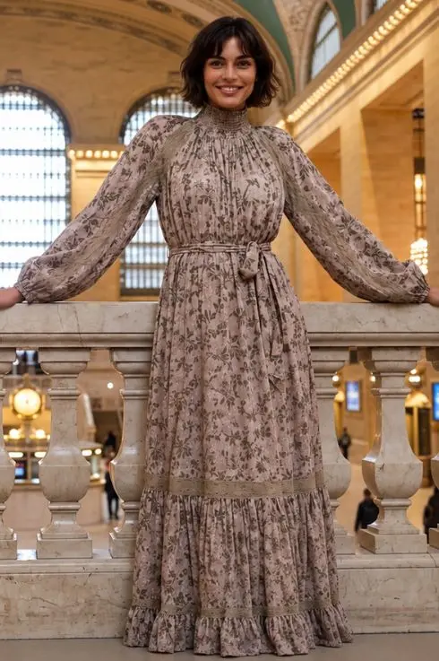 Robe longue bohème beige à imprimé floral et col montant froncé, ceinturée et volantée, portée dans le hall de Grand Central à New York