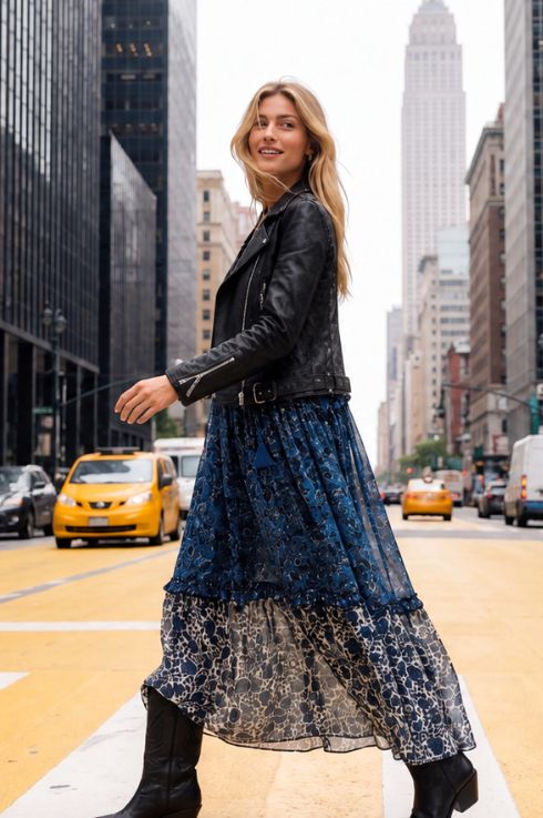Robe longue bohème à imprimé floral bleu et écru, portée avec une veste en cuir noire et des bottes, traversant une avenue de Manhattan